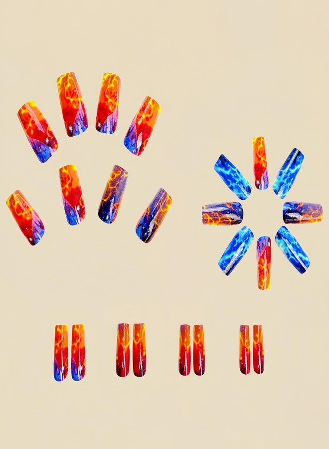 CJDLTS Press On Medium Square Aurora Red and Blue Lightning Design Nails - Full Cover Artificial Acrylic Coffin Nails - Reusable Glue On DIY Stick On for Women - 24Pcs - Image 3